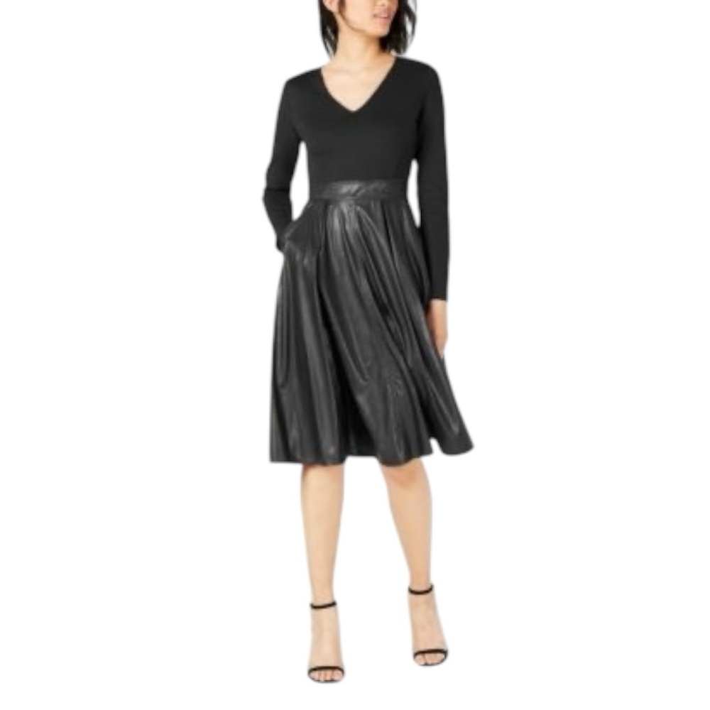 Marella Sport Faux Leather Contrast Midi Dress Midnight Blue Jersey Leather M